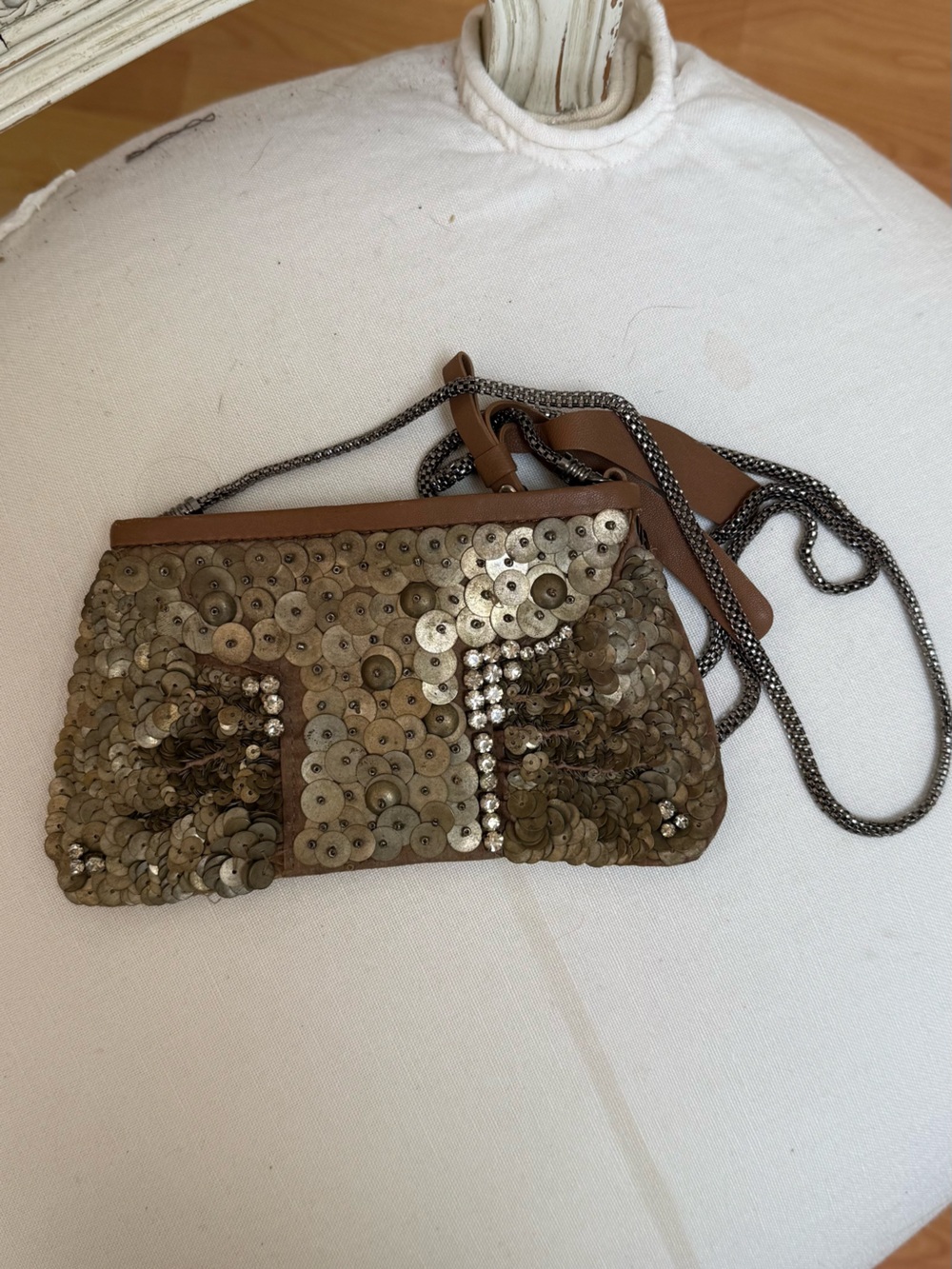 Sequin Embellished Wristlet Clutch in Taupe